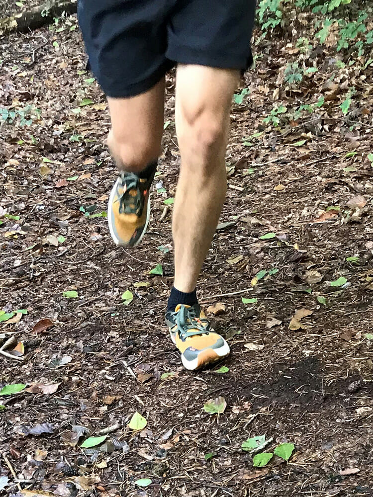 Läufer mit dem New Balance Hierro V7 auf einem Waldtrail.
